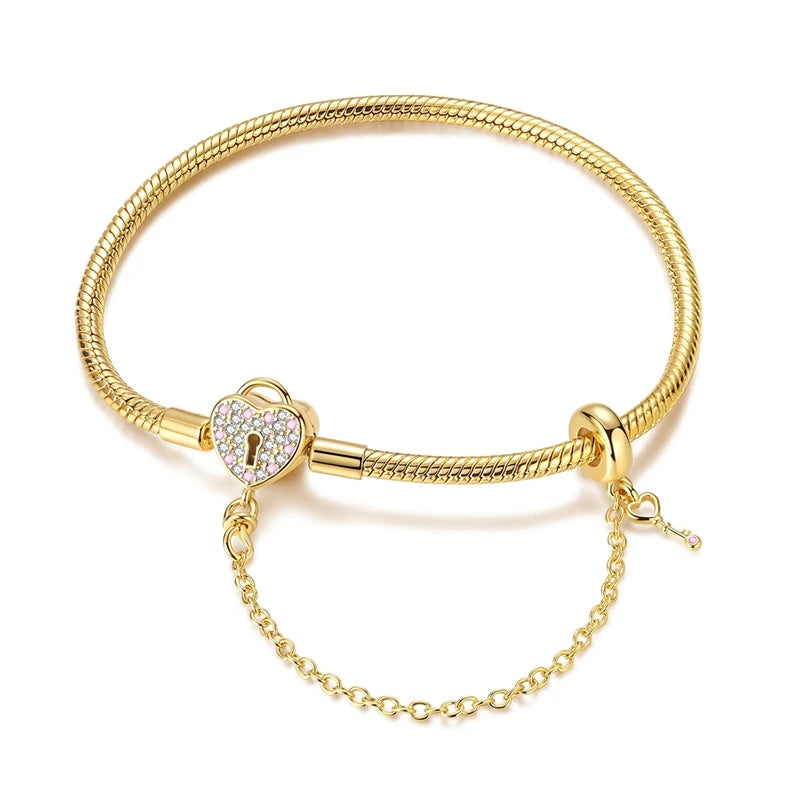 925 Sterling Silver Bracelets 17-20CM Original Golden Sparkling Heart Shaped Bracelet Fit DIY Charms Beads Fashion Women Jewelry