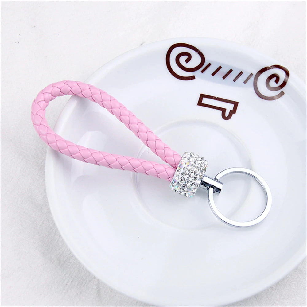 Creative Hand Woven Leather Car Keychain With Diamond Women Men Wallet Backpack Charm Bling Crystal Rope Keyring For Couple Gift