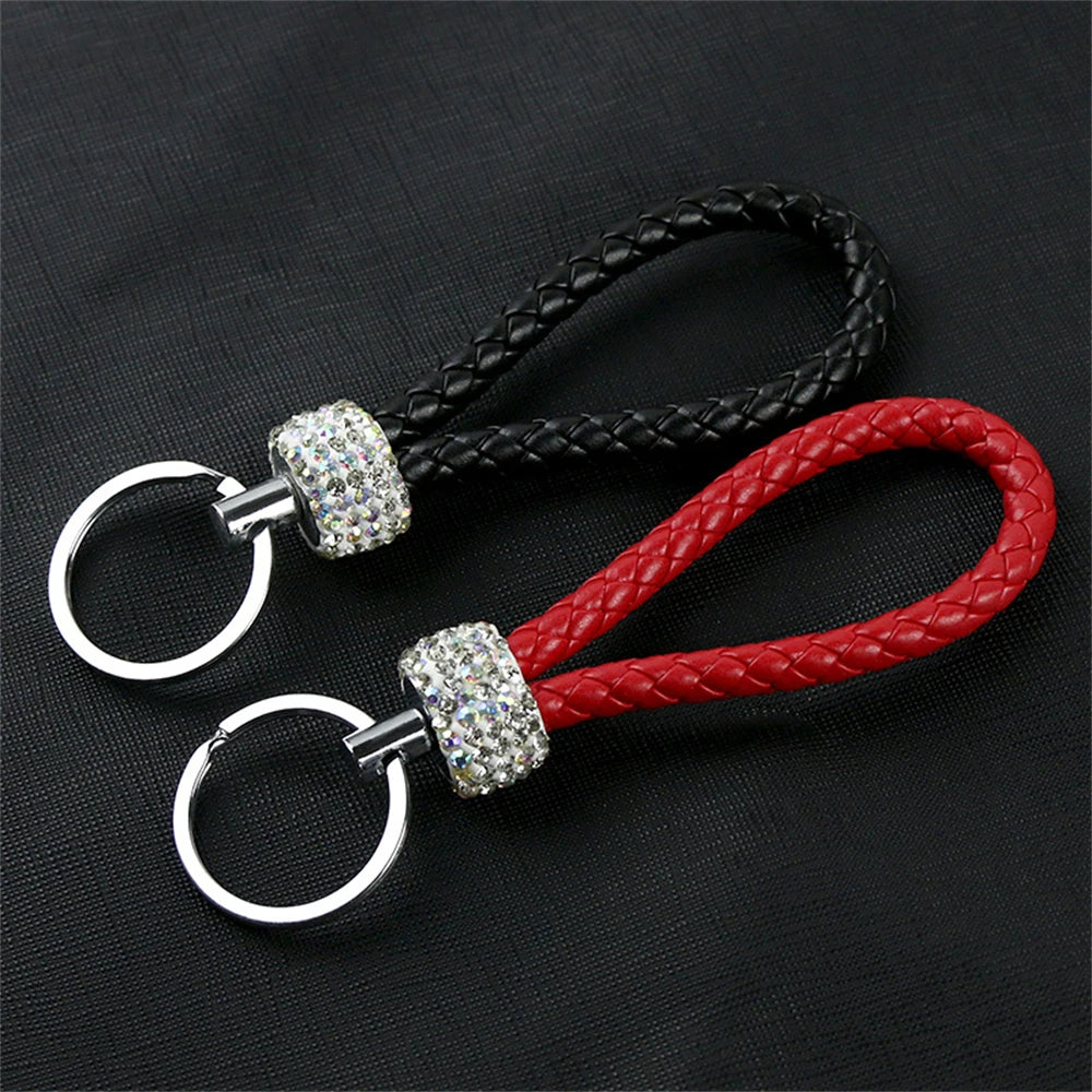Creative Hand Woven Leather Car Keychain With Diamond Women Men Wallet Backpack Charm Bling Crystal Rope Keyring For Couple Gift
