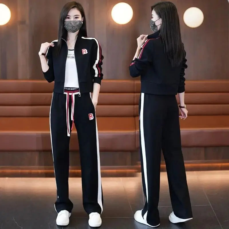 Fashionable Sportswear Two-Piece Set Ladies Wide Leg Pants Jacket Casual Spring Autumn Outfit Stylish Zipper Closure Long Sleeve