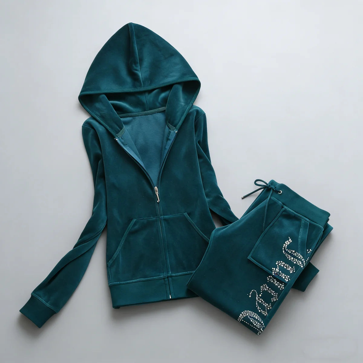 Y2K Women's Velvet Tracksuit 2 Piece Set Rhinestone Crown Print Hoodie + Straight Pants Slim Fit Loungewear Multiple Colors
