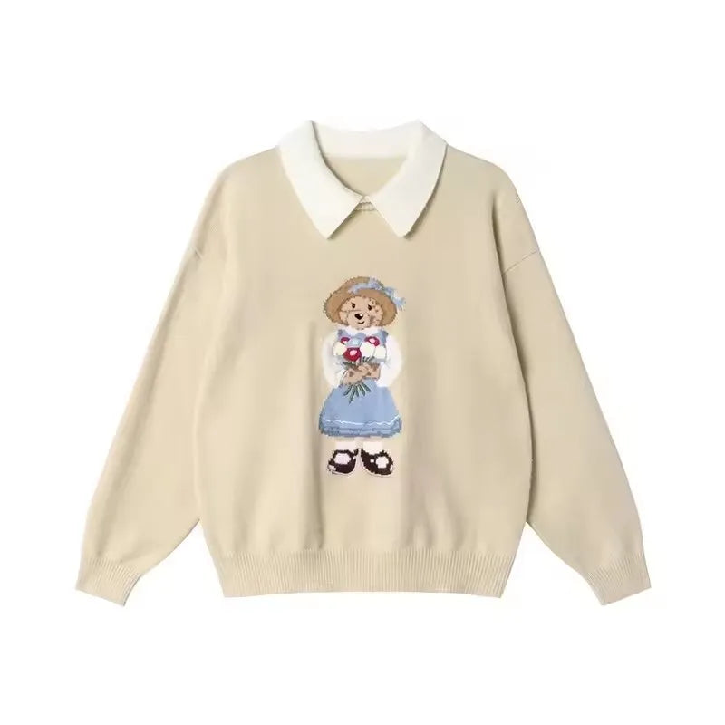 European Style Luxury Brand Loose O-Neck Bear Pullover Tops Knitwear Woman Short Sleeve T-shirt Ladies Wool Knitted Sweater
