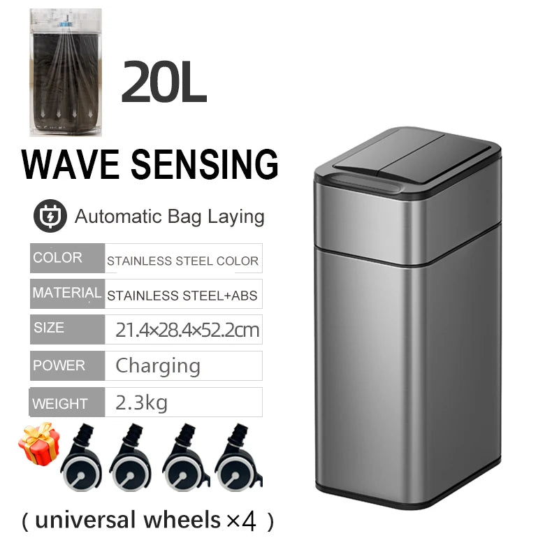 15/20L Smart Trash Can Waterproof Large Kitchen Wastebasket Sensor Automatic Bagging Trash Bin Household Rectangular Garbage Can