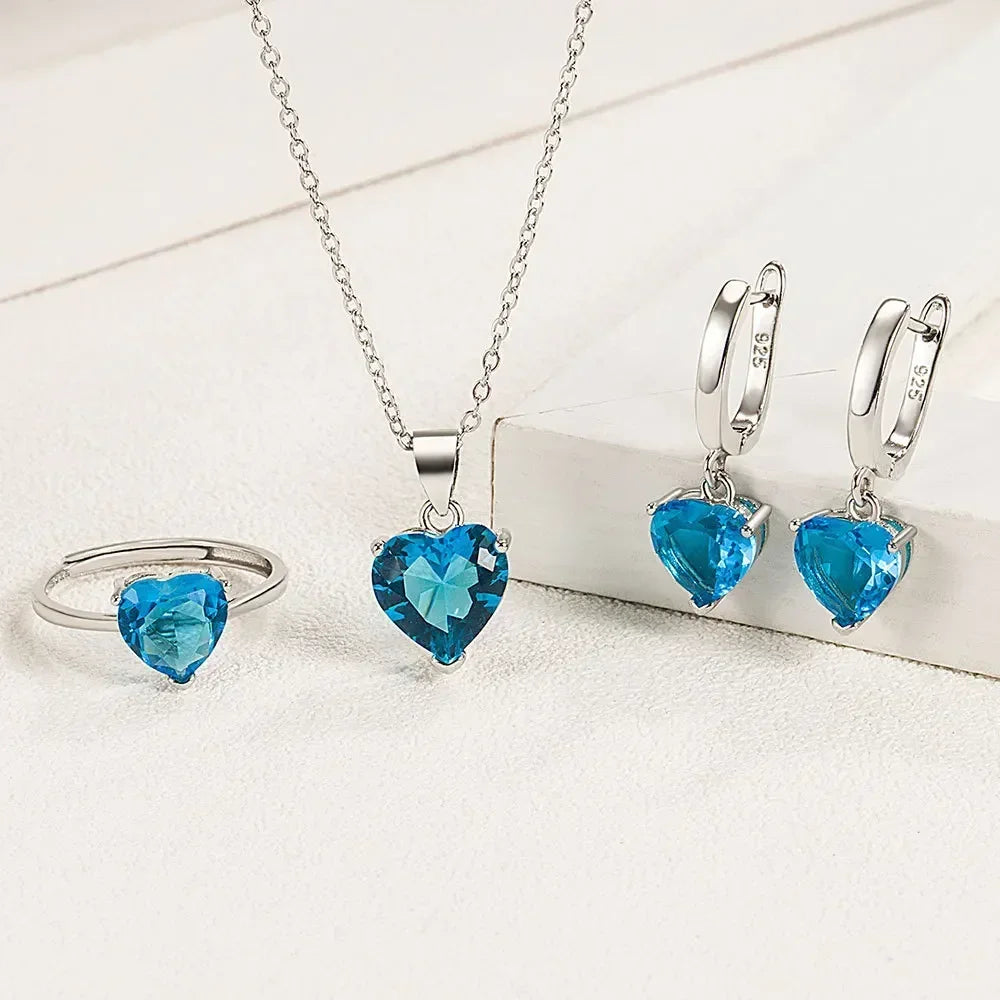 Fine 925 Sterling Silver Color Jewelry Gift Sets for Women Female Romantic Heart Zircon Huggie Earrings Pendant Necklace Ring