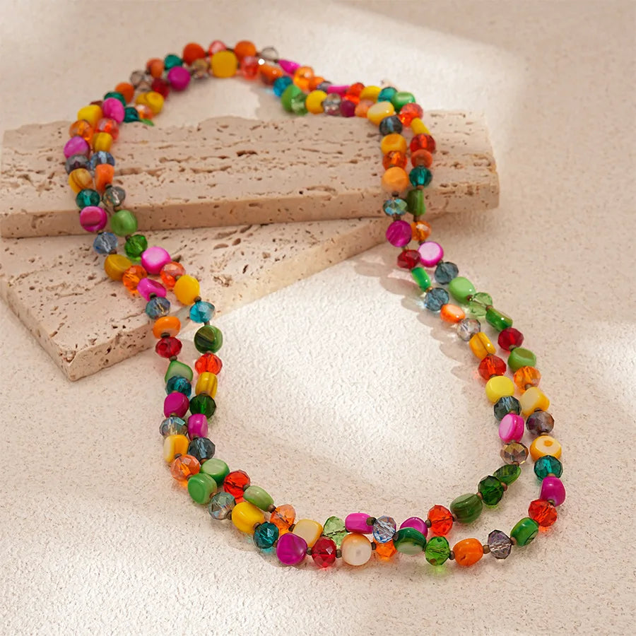 Boho Double-layer Shell Long Necklace for Women Vintage Irregular Beads Necklace Female Summer Vacation Jewelry Holiday Gifts