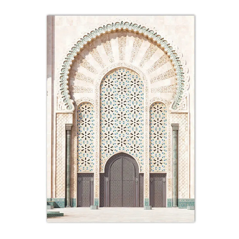 Morocco Architecture Islam Canvas Art Print Beige Flower Palm Tree Painting Ayatul Kursi Muslim Poster Wall Pictures Home Decor