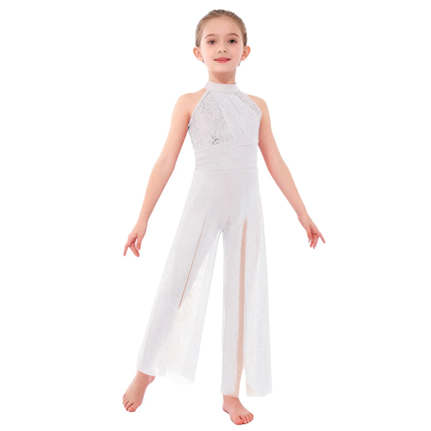 Children Girls Modern Lyrical Dance Jumpsuit Sleeveless Shiny Sequin Mesh Split Ballet Figure Skating Gymnastic Leotard Bodysuit
