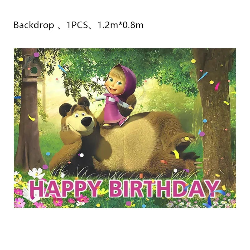 Mashas and Bear Birthday Party Decoration Cartoon Theme Balloons Kids Event Supplies Disposable Tableware Backdrop