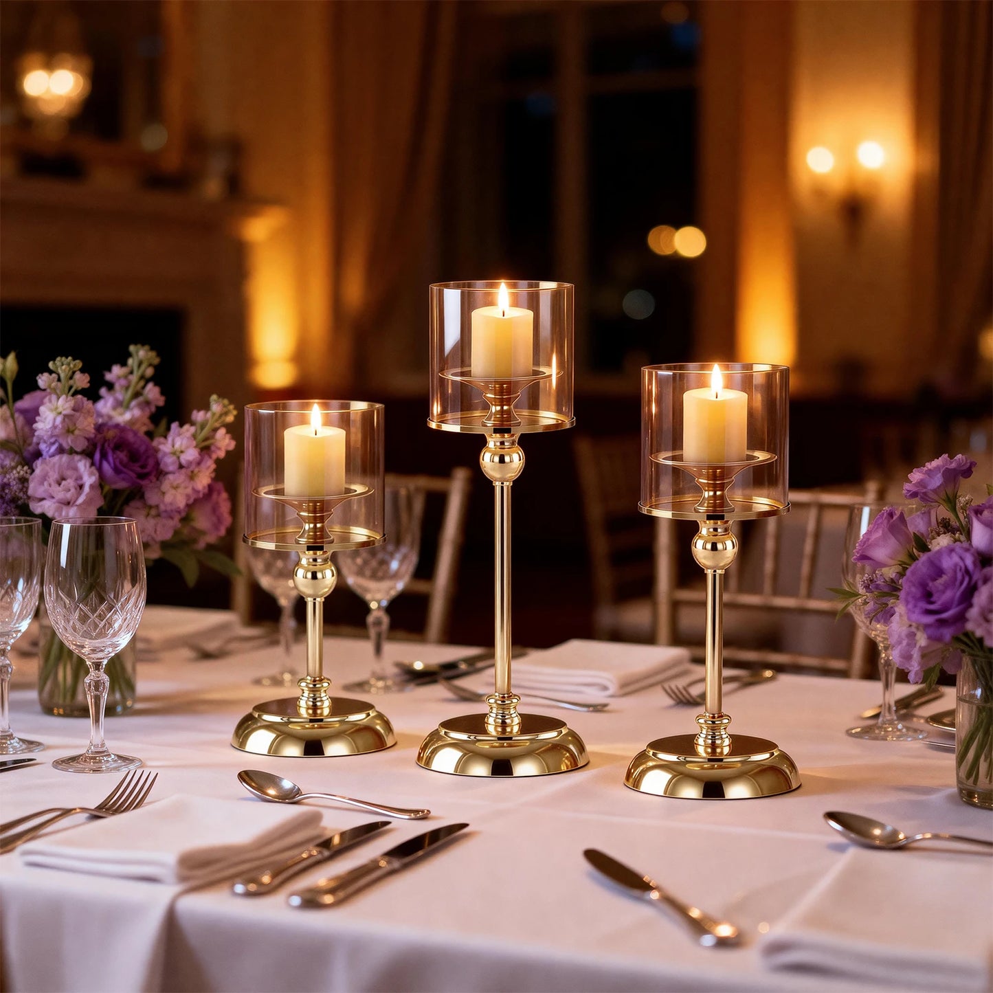 Glass Pillar Candle Holder Set Golden Silver Decorative Candlestick for Wedding Party Table Festival Decor 2026 New Fashion