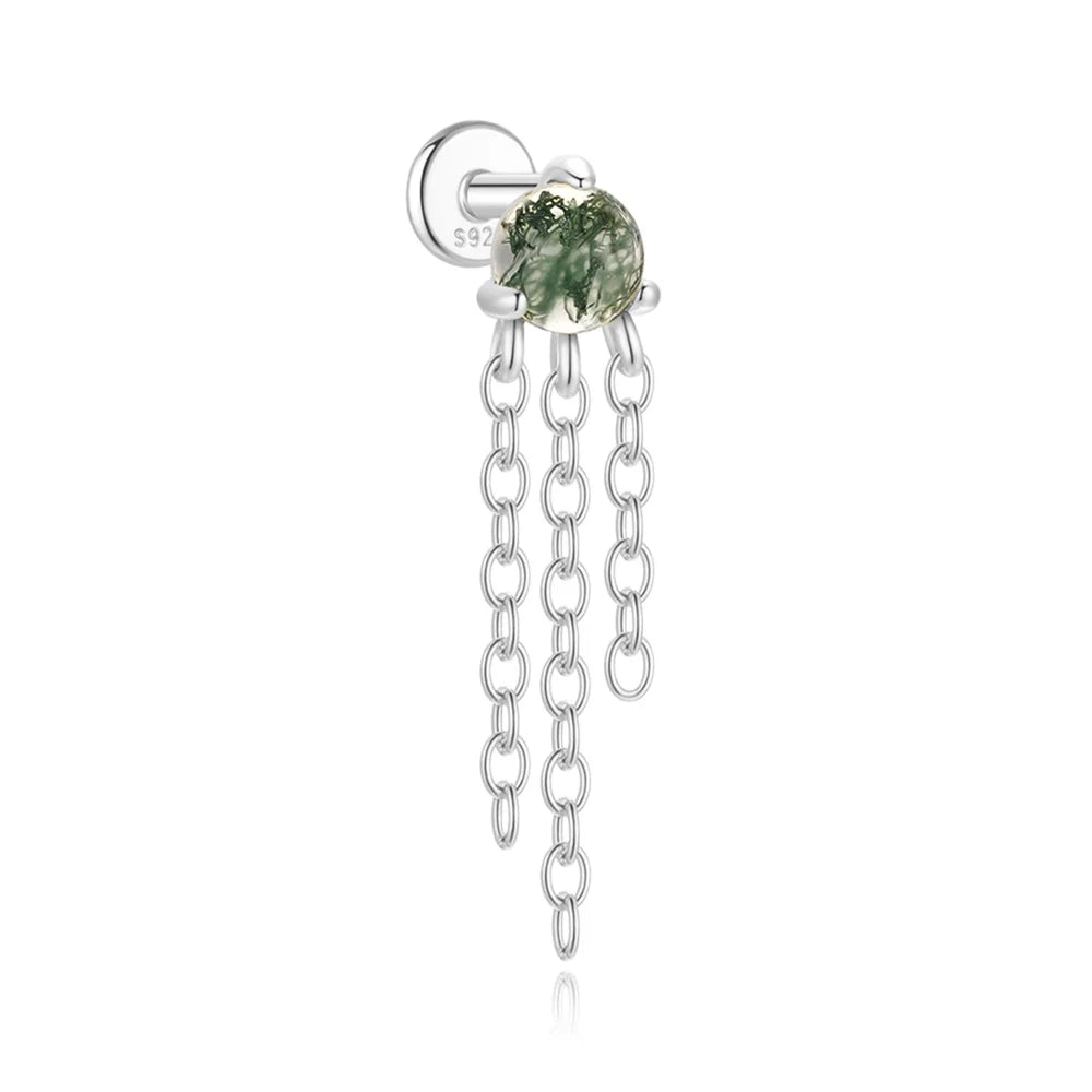 AIDE Water Grass Agate 925 Sterling Silver Flat Head Thread Piercing Earring Green Moss Piercing Ear Bone Earring Jewelry 1pc
