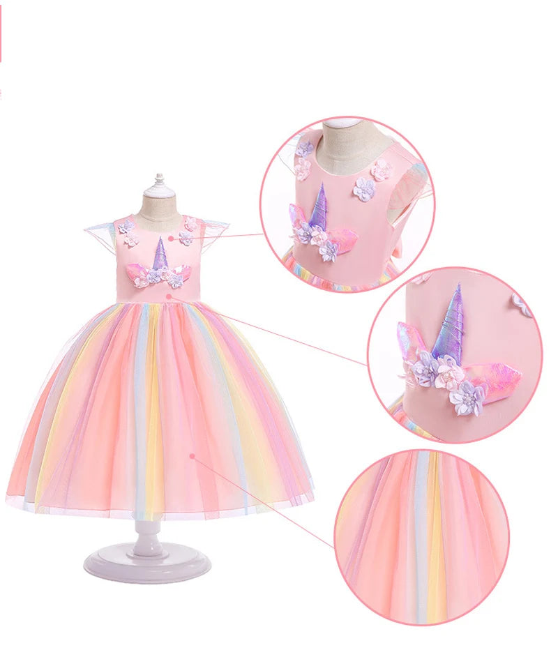 Summer Dress Girl Unicorn Cosplay Costume Children's Day Mesh Rainbow Tulle Princess Dress for Birthday Gift Kids Fashion Dress