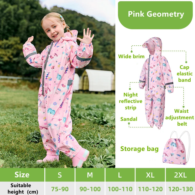 Camouflage Print Kids Raincoat With Visor Hood Reflective Strips Waterproof Toddler Cute Animal Outdoor Travel Coverall Raincoat