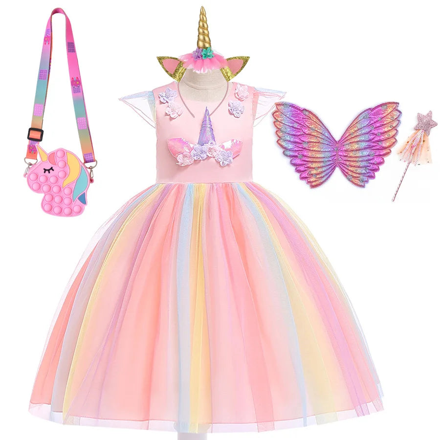 Summer Dress Girl Unicorn Cosplay Costume Children's Day Mesh Rainbow Tulle Princess Dress for Birthday Gift Kids Fashion Dress