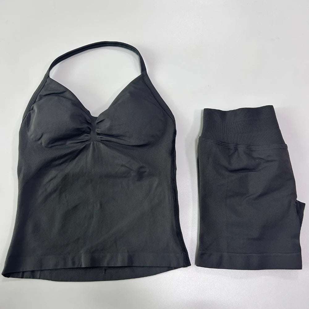 2Pcs Gym Set Women Backless Tank Tops High Waist Scrunch Seamless Shorts