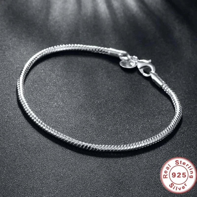 TOP SALE Authentic 100% 925 Sterling Silver 3MM Snake Chain Bangle & Bracelet for Women Luxury Jewelry 16-23CM