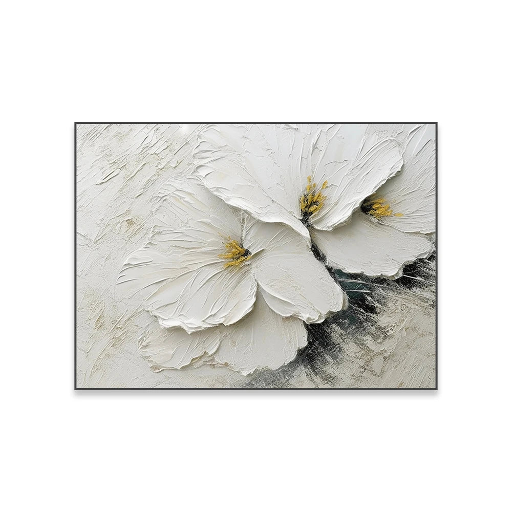 White Textured Flower Painting Poster Heavy Textured Minimalist Wall Art Canvas Painting Prints Home Living Room Decoration