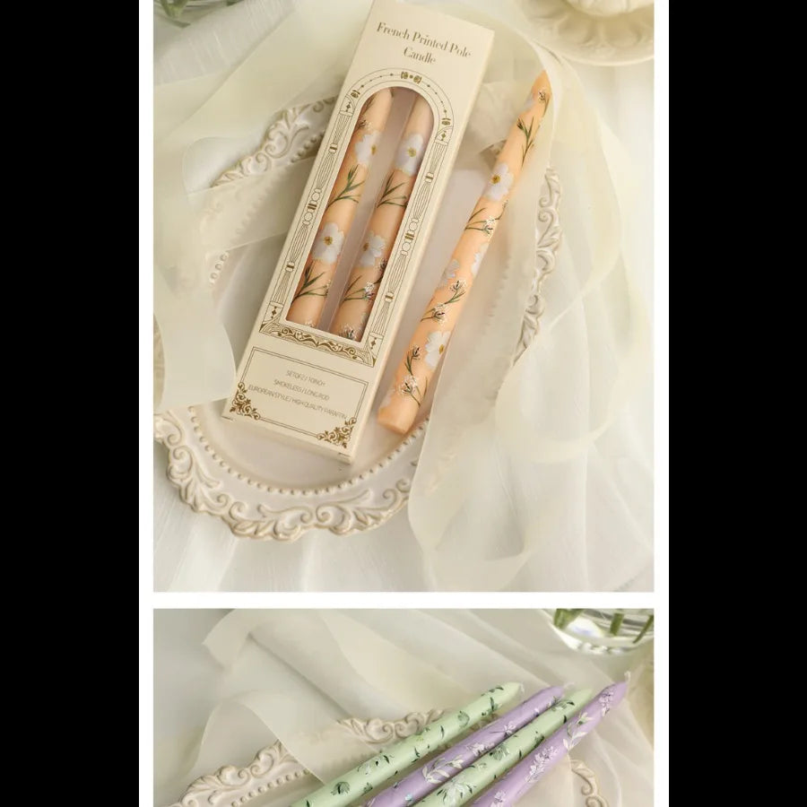 2pcs/Box 9.85in Taper Scented Candles Romantic Hand Painted Rose Long Candle For Home Decoration Candle Wedding Decoration