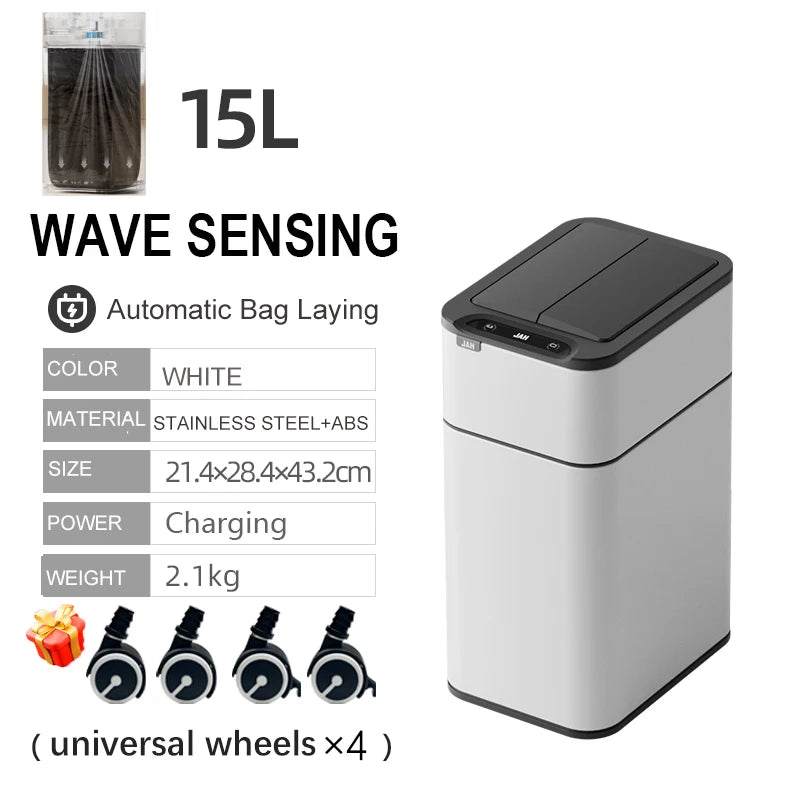 15/20L Smart Trash Can Waterproof Large Kitchen Wastebasket Sensor Automatic Bagging Trash Bin Household Rectangular Garbage Can