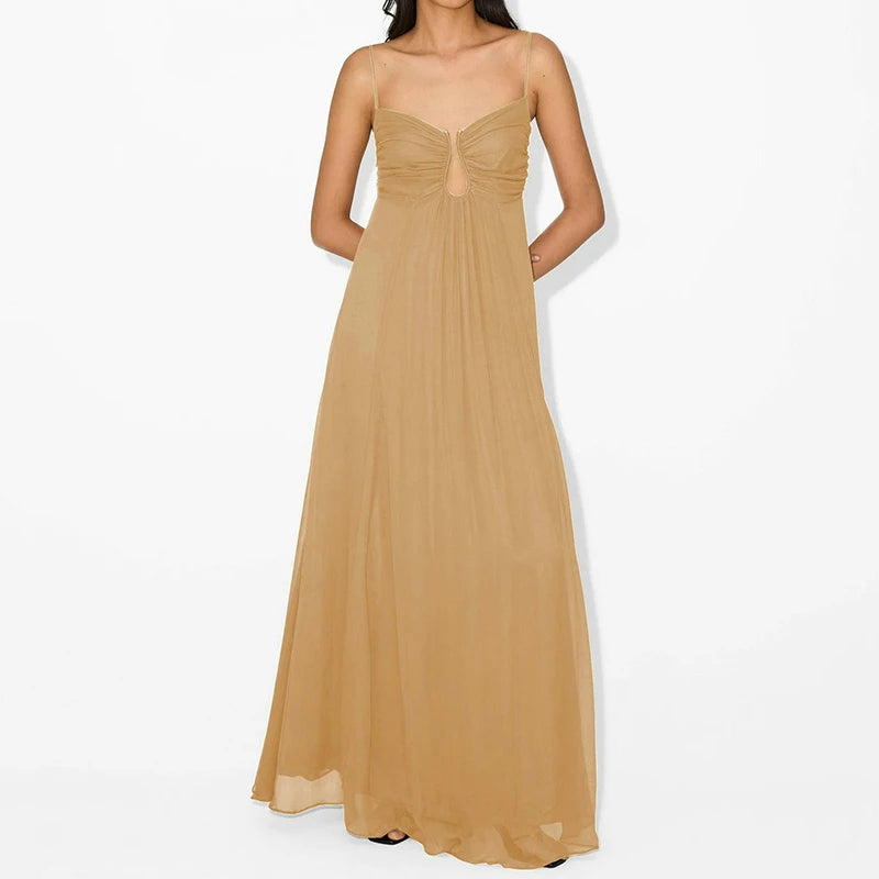 2025 Summer New Solid Pleat Evening Dress Leisure Sleeveless Backless Big Hem Dress Sexy Suspender U Design Vacation Long Dress