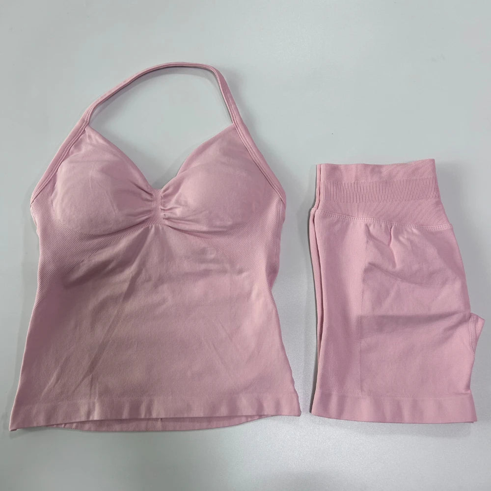 2Pcs Gym Set Women Backless Tank Tops High Waist Scrunch Seamless Shorts