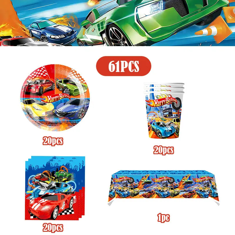 Happy Wheels Birthday Birthday Party Supplies Hot Race Car Theme Tableware Set Cups Plates Balloons Gift Bags for Kids Boys ﻿