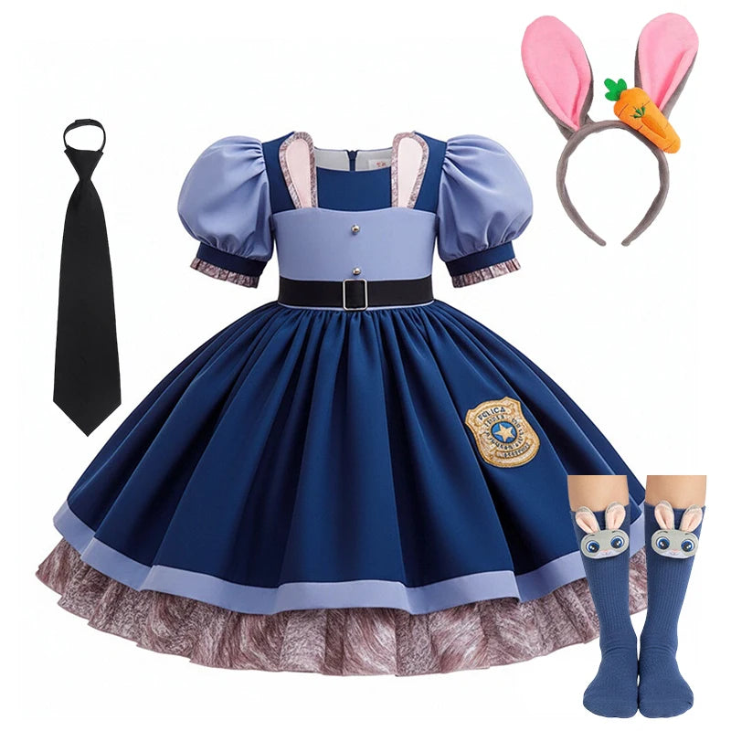 Girl Cosplay Disney Judy Hopps Police Officer Dress Zootopia Bunny Costume Kids Dress Up Halloween Rabbit Dress Outfits
