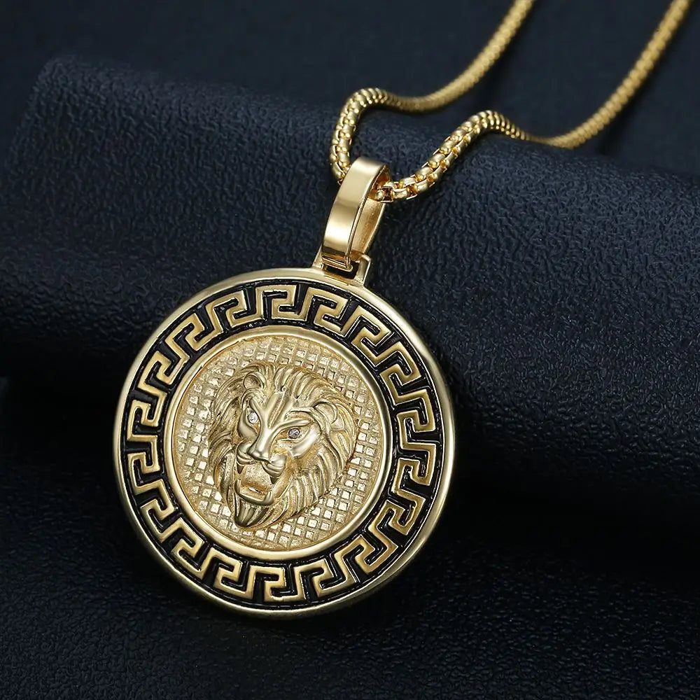 Necklace Stainless Steel Gold-plated Round Features Lion Head Pendant Great Wall New Trendy Gift Hip-hop Men's Fine Accessories