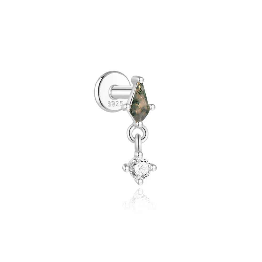 AIDE Water Grass Agate 925 Sterling Silver Flat Head Thread Piercing Earring Green Moss Piercing Ear Bone Earring Jewelry 1pc