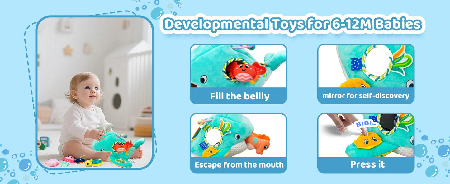 Baby Toys 6-12 Months Soft Baby Beehive with 5 Sensory Bee Rattle Mirror Crinkle Squeaker Busy Montessori Soft Toy for Toddlers