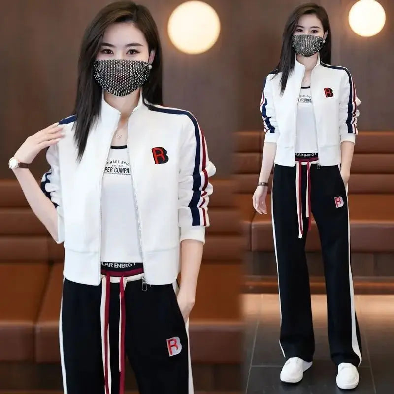 Fashionable Sportswear Two-Piece Set Ladies Wide Leg Pants Jacket Casual Spring Autumn Outfit Stylish Zipper Closure Long Sleeve