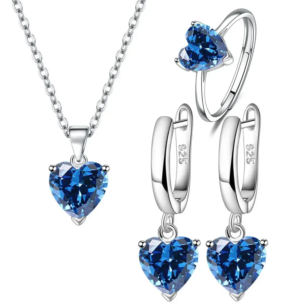 Fine 925 Sterling Silver Color Jewelry Gift Sets for Women Female Romantic Heart Zircon Huggie Earrings Pendant Necklace Ring