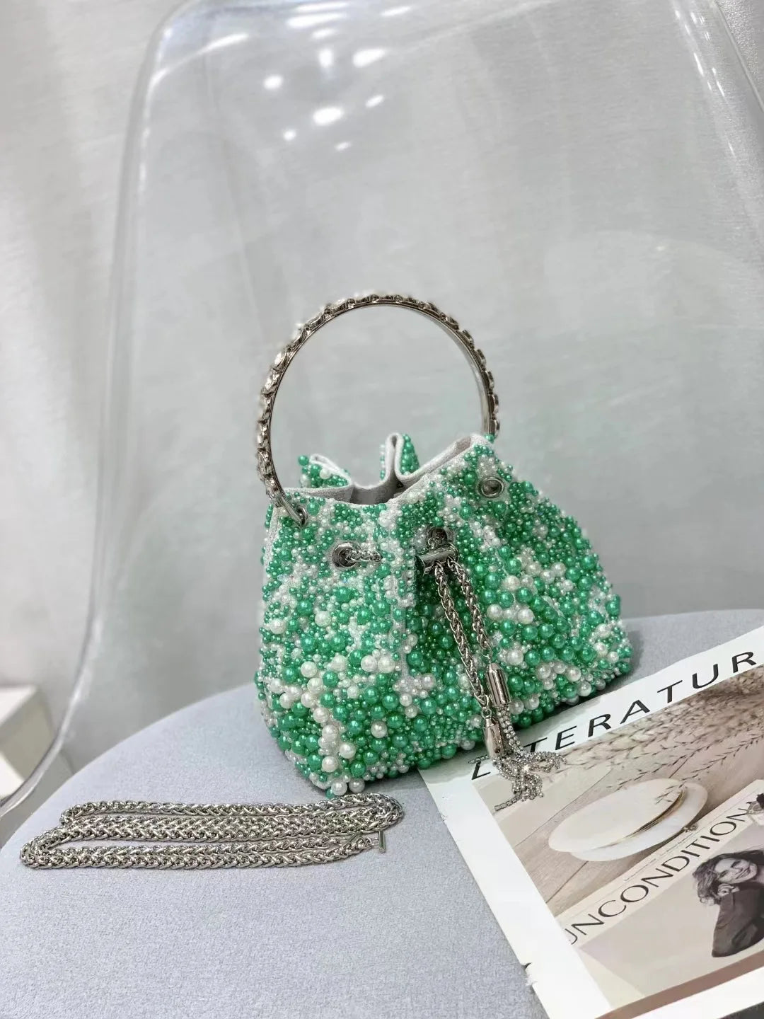 Luxury Designer Colorful Stones Evening Clutch Bag Wedding Party Bucket Purse Metal Handle Women Handbag Shoulder Messenger Bag