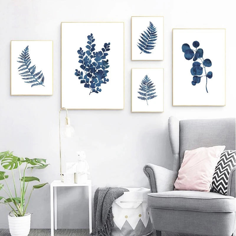 Pressed Blue Wild Flowers Wall Art Canvas Painting Hampton Style Posters Botanical Prints Blue and White Pictures Home Decor