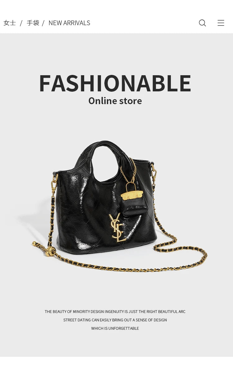 Premium handbag with diamond grid embroidery thread, large capacity vegetable basket bag, chain bar crossbody bag