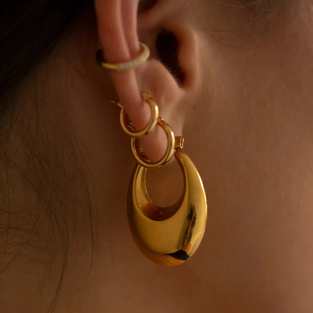 Fashion Glossy Stainless Steel Chunky Hoop Earrings for Women Gold Plated Thick Texture Geometric Circle Earring Vintage Jewelry