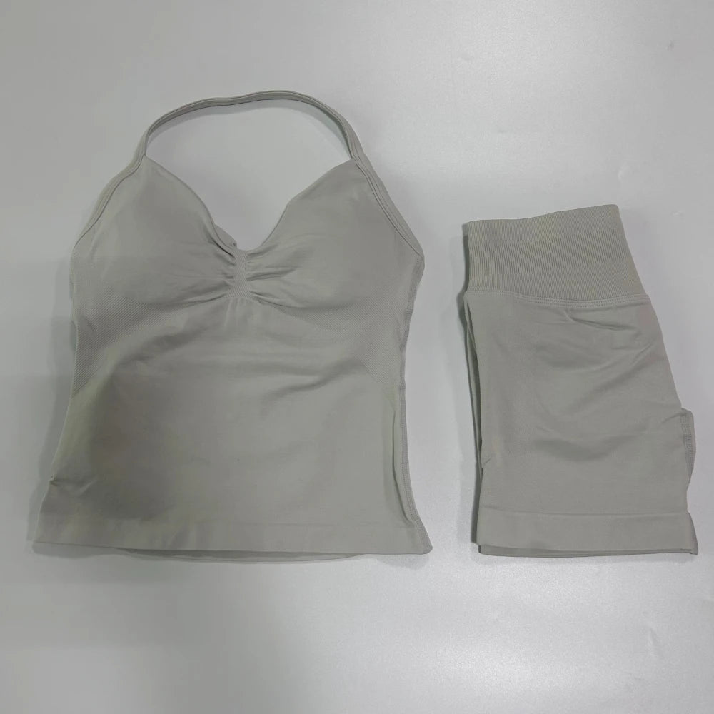 2Pcs Gym Set Women Backless Tank Tops High Waist Scrunch Seamless Shorts