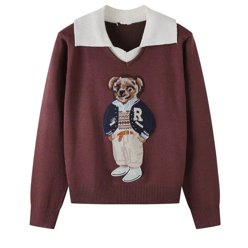 High Street Luxury French Ladies Embroidery Bear Knitted Pullover Sweater For Women Fashion Casual Knitwear Tops Pull Femme