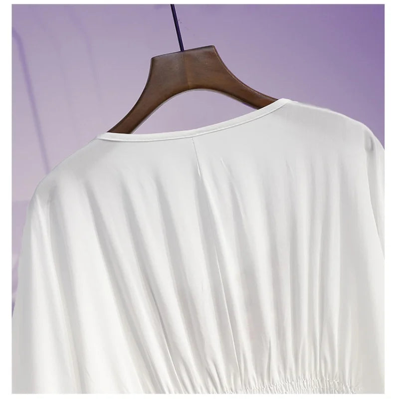 Women Summer Tees Retro Boho Style Embroidery Blouses Cloak Top Loose Cotton Lace Hem Bat sleeve Kimono Shirts Blusa Feminina