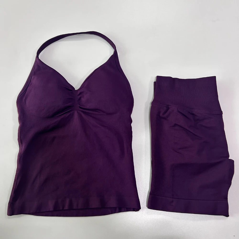 2Pcs Gym Set Women Backless Tank Tops High Waist Scrunch Seamless Shorts
