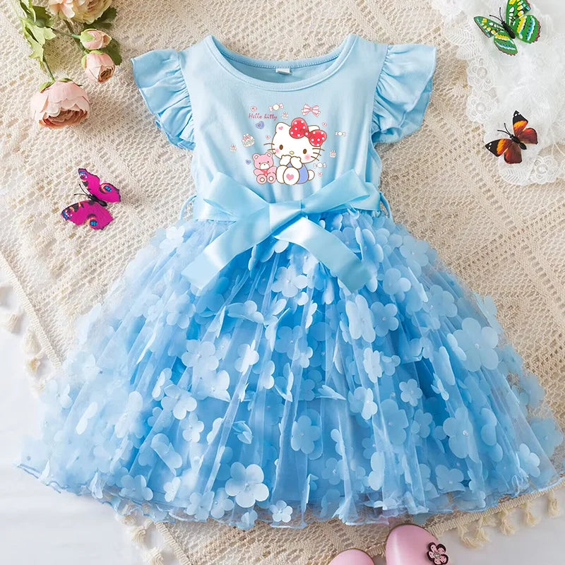 Hello Kitty Girls Summer Dress Cartoon Bow Tutu Dress 3D Butterfly Cute Cotton Party Casual Dress for Baby 2-6 Years