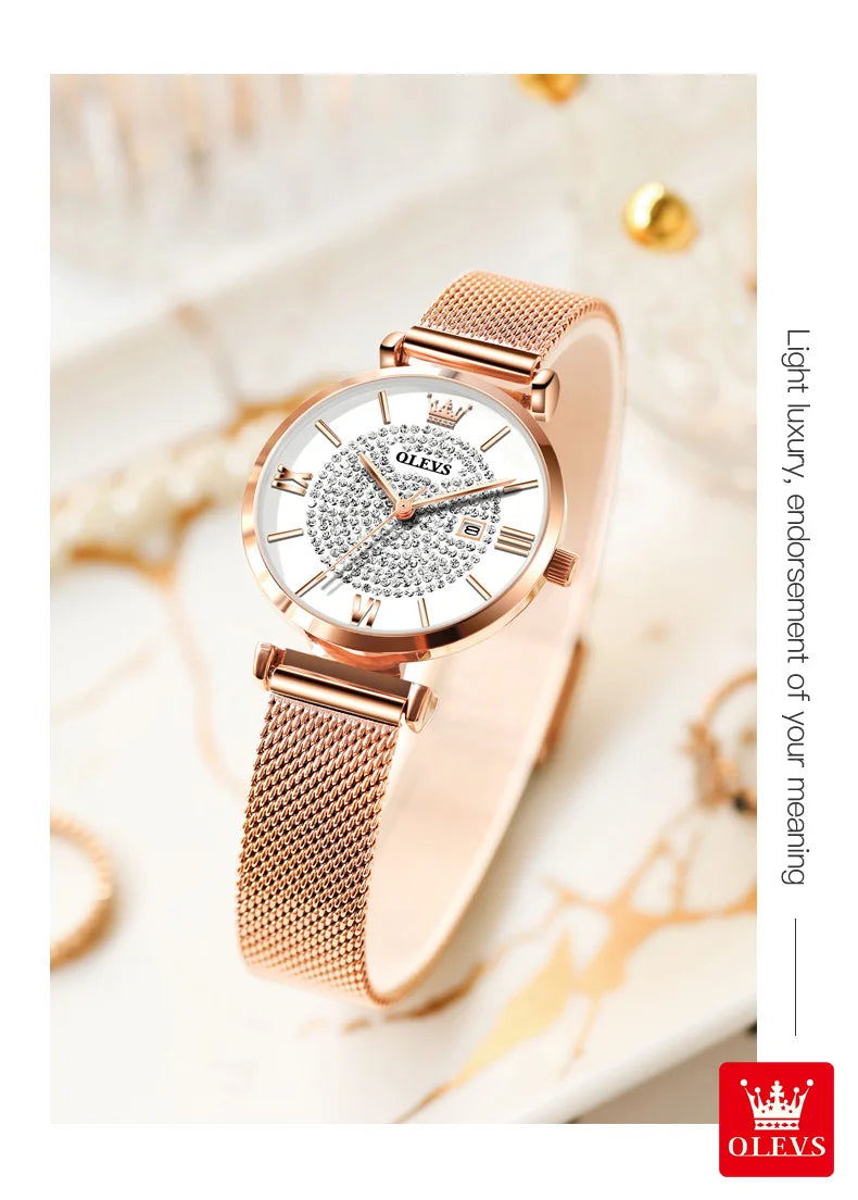 OLEVS 6892 Women's Watches Elegant Fashion Original Wristwatch Waterproof Stainless Steel Mesh Belt Luminous Inlaid Zircon