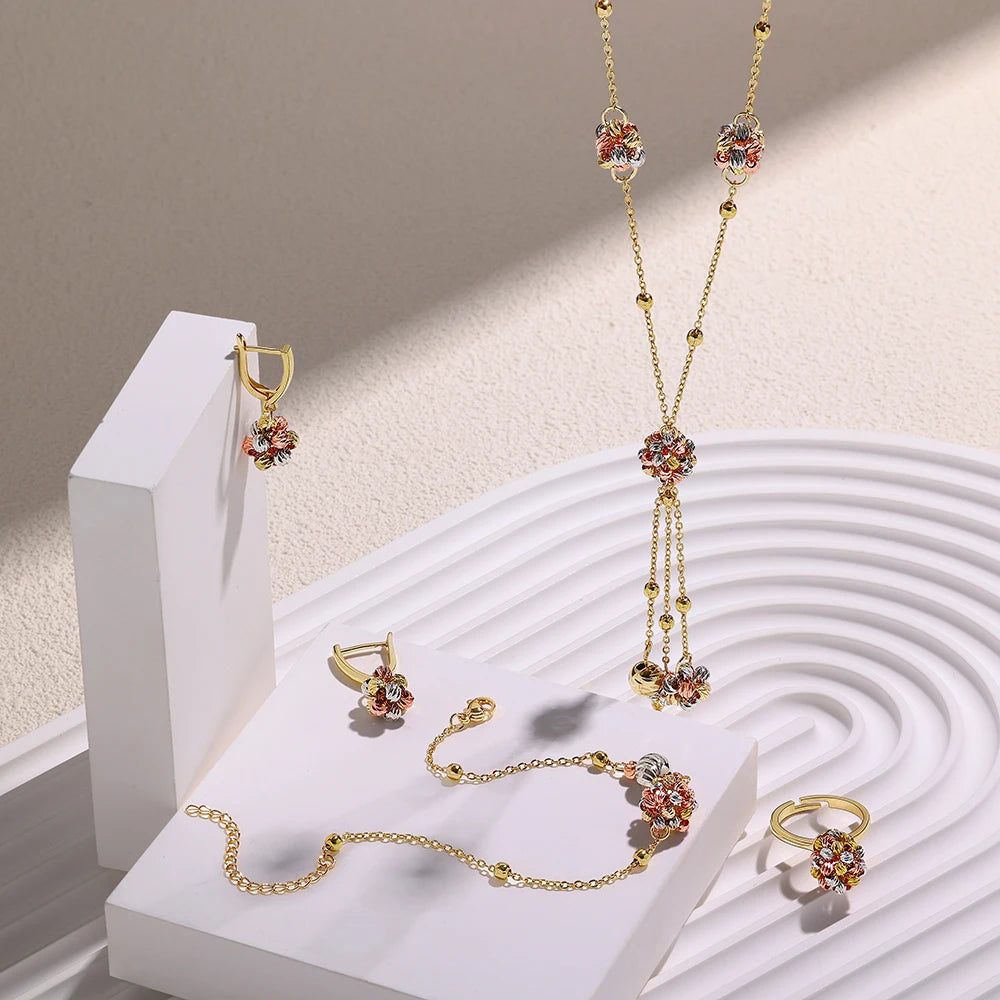 Fashionable 4-piece set of hand-woven gold and multi-color copper beads wavy line wear Open cuff bracelet ring for women's daily