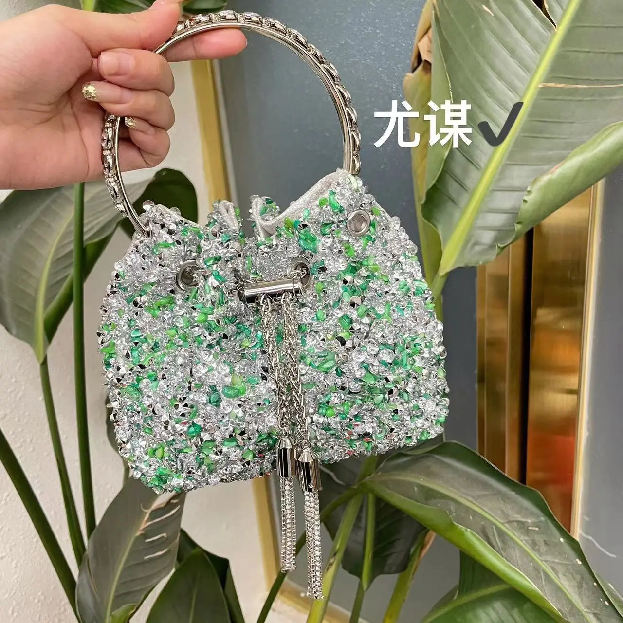 Luxury Designer Colorful Stones Evening Clutch Bag Wedding Party Bucket Purse Metal Handle Women Handbag Shoulder Messenger Bag