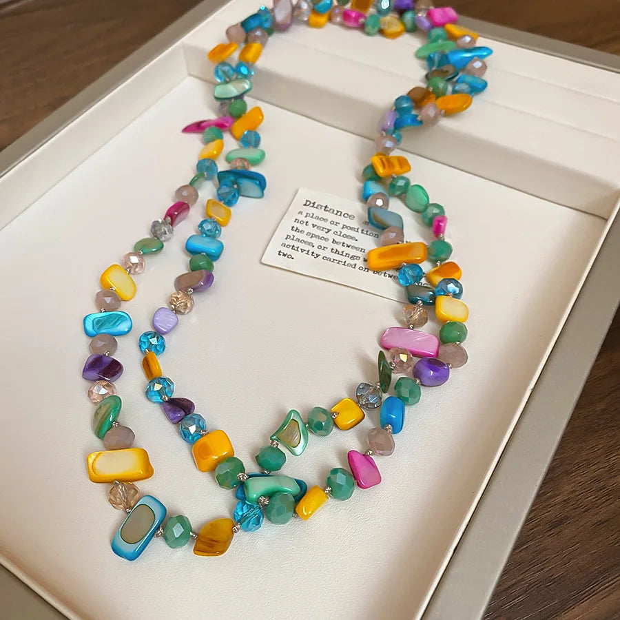 Boho Double-layer Shell Long Necklace for Women Vintage Irregular Beads Necklace Female Summer Vacation Jewelry Holiday Gifts