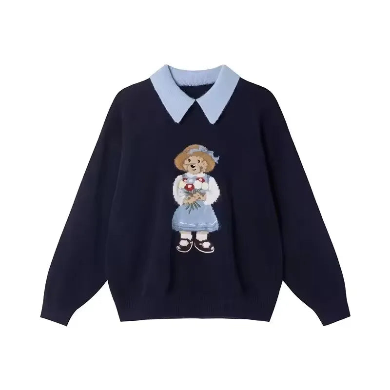 European Style Luxury Brand Loose O-Neck Bear Pullover Tops Knitwear Woman Short Sleeve T-shirt Ladies Wool Knitted Sweater