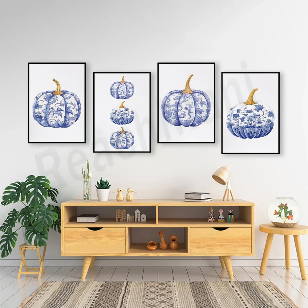 Chinoiserie Pumpkin Art, Hamptons Style Fall Aesthetic Fall Painting, Blue and White Porcelain Wall Art Canvas Print Poster
