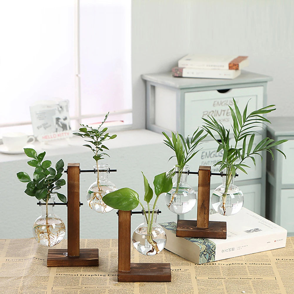 Planter Vases Flower Pot Hydroponic Plant Glass Decor Terrarium Wooden Stand Hydroponic Propagation Station Indoor Desktop Decor