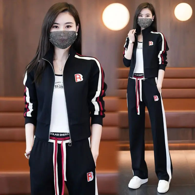 Fashionable Sportswear Two-Piece Set Ladies Wide Leg Pants Jacket Casual Spring Autumn Outfit Stylish Zipper Closure Long Sleeve