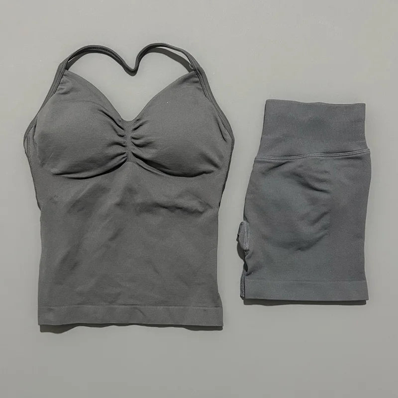 2 Pieces Sports Set Women Backless Tank Yoga Tops High Waist