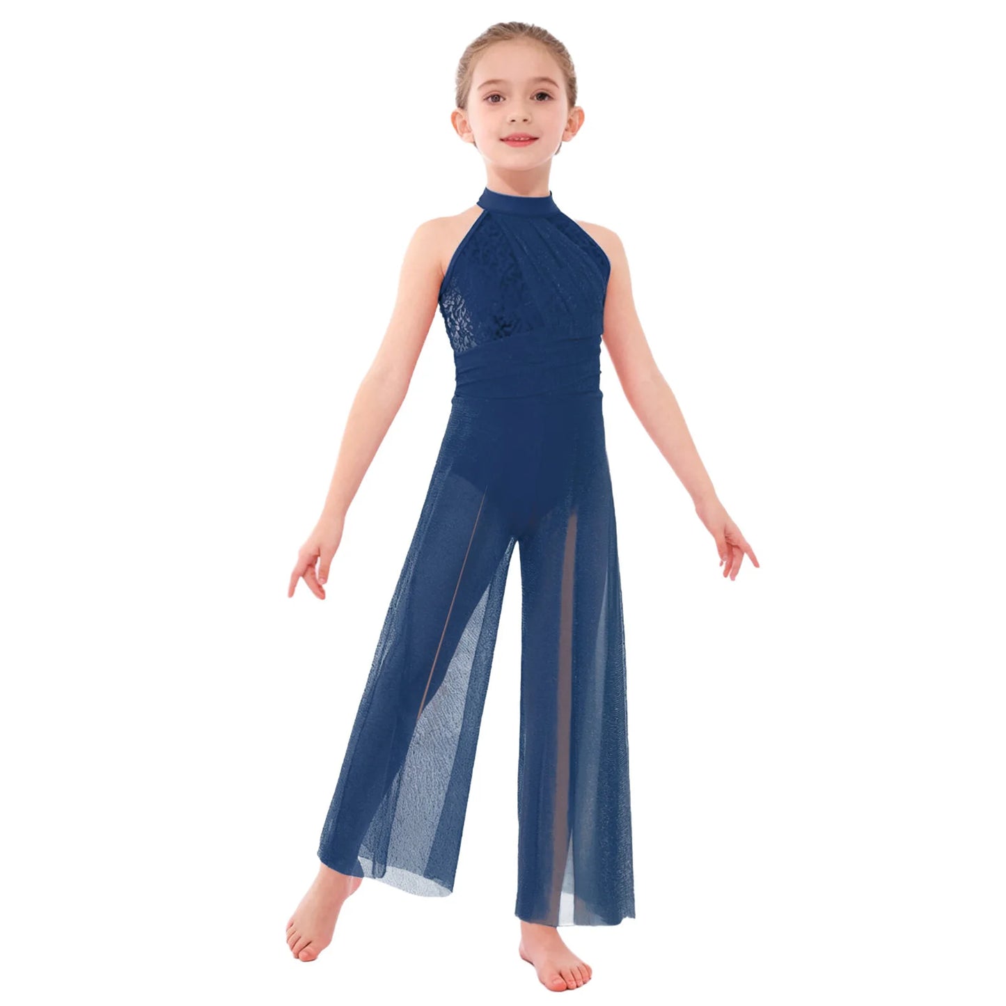 Children Girls Modern Lyrical Dance Jumpsuit Sleeveless Shiny Sequin Mesh Split Ballet Figure Skating Gymnastic Leotard Bodysuit